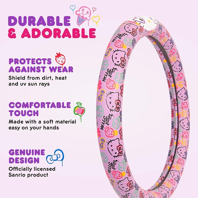 Sanrio Hello Kitty Lavender Doodle Car Steering Wheel Cover, Universal Fit Cute Accessories for Women Stylish Decor Gifts Hello Kitty Accessories - Fits Standard Wheels 14.5"-15"