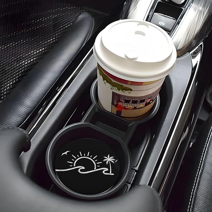 Sunset Waves Car Cup Holder Coasters 2 Pack 2.63" for Women | Palm Trees Universal Anti Slip Ceramic Absorbent Coaster with Cork Base and Finger Notch Cute Car Accessories Interior