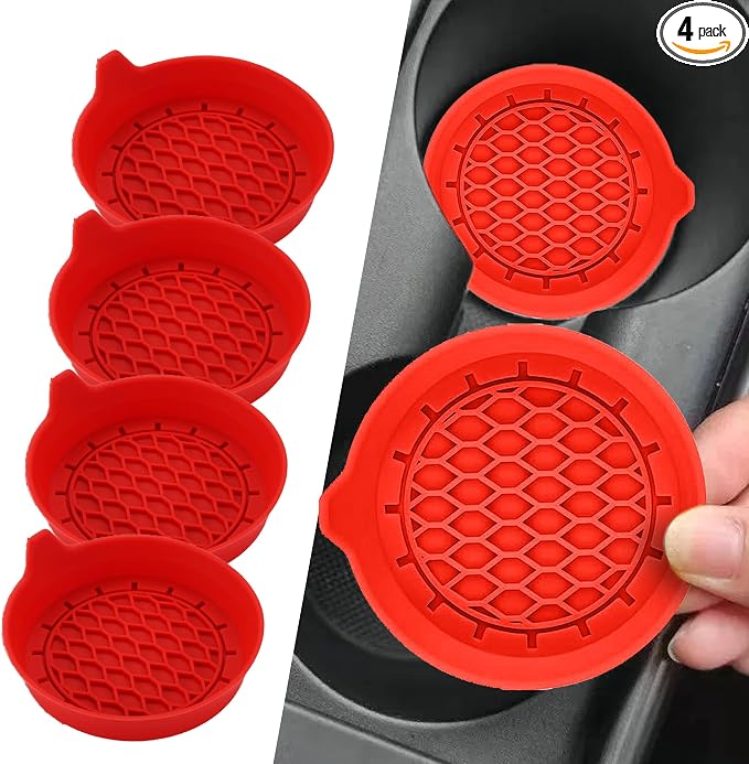 4PCS Car Cup Holder Coasters, Silicone Non-Slip Vehicle Cup Recessed Mats, Sift-Proof Automotive Interior Drink Insert Decor Accessories, Universal for SUV, Sedan, Truck (Red)