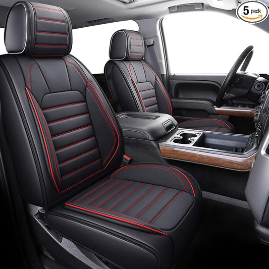 YIERTAI Compatible with Chevy Chevrolet Silverado GMC Sierra Seat Covers for 2007-2025 2026 1500/2500/3500HD Crew Double Cab Truck Waterproof Leather Car Seat Covers(5 PCS Full Set/Black-Red)