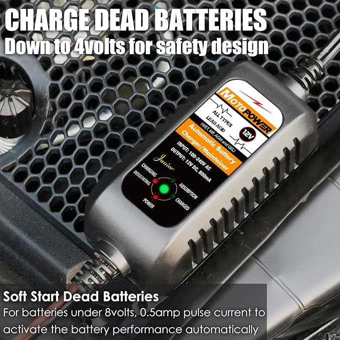 MOTOPOWER MP00205A 12V 800mA Automatic Battery Charger Maintainer, 2-Pack | Battery Charger, Battery Maintainer, Trickle Charger and Battery Desulfator