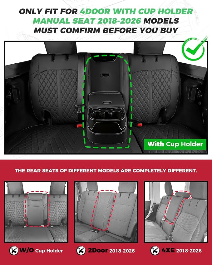 for Jeep Wrangler Seat Covers 4Door JL 2018 2019 2020 2021 2022 2023 2024 2025 2026, Custom Fit Car Seat Cover Full Set, Luxury Waterproof Leather Seat Protectors, Black, with Rear Cup Holder