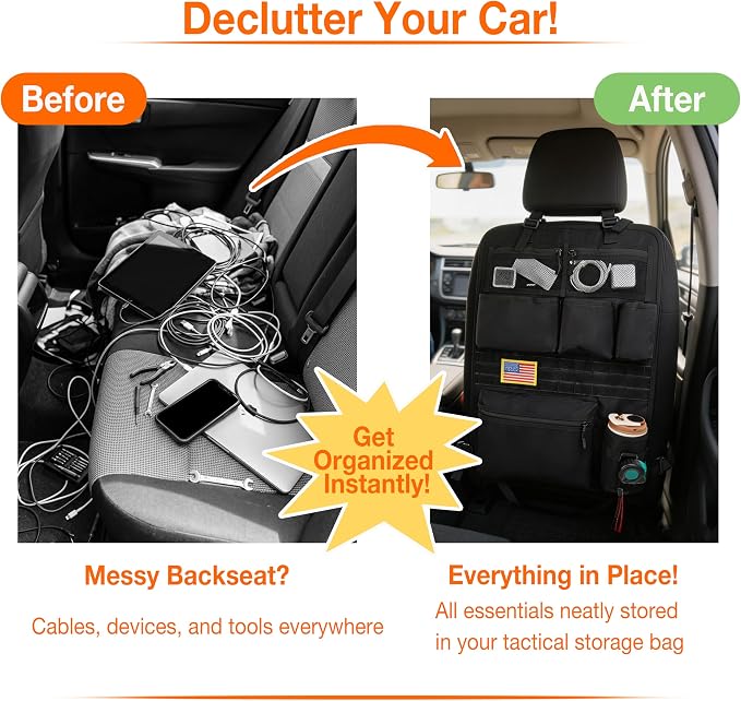 Tactical Car Seat Back Organizer with 7 Pockets and Zipper Pocket, MOLLE Seat Organizer with Hook & Loop Panel, Universal Fit for Car SUV Truck Jeep
