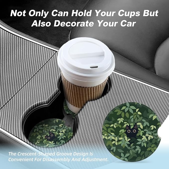 Cat in The Meadow Car Coasters for Cup Holders,2 Pack Car Cup Holder Coasters for Car,Ceramic Absorbent Car Coaster with A Finger Notch and Cork Base,Car Interior Accessories for Women Men