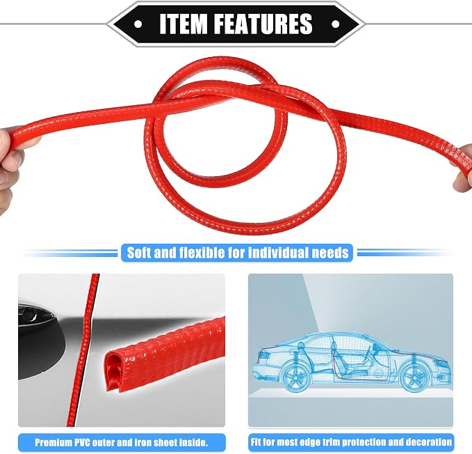 Car Door Edge Guard, 16.4ft U Shape Rubber Edge Trim Seal Strip Protector Universal for Car Truck ATV Boat Multifunctional No Glue PVC Iron Red