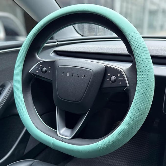 PINCTROT Nappa Leather Steering Wheel Cover for Tesla Model Y/3 Highland/Juniper, D Shaped 14 Inch Small Sized with Breathable Perforation, Fit Like Gloves, Flat Bottom 14 Inch(Nappa Mint)