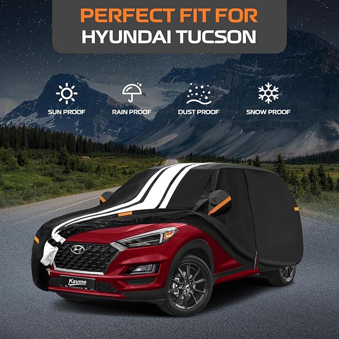 Kayme Heavy Duty Car Cover Custom Fit for Hyundai Tucson (2004-2026), Outdoor Full Exterior Cover with Tape and Towel, Rain Snow Sun UV Protection.