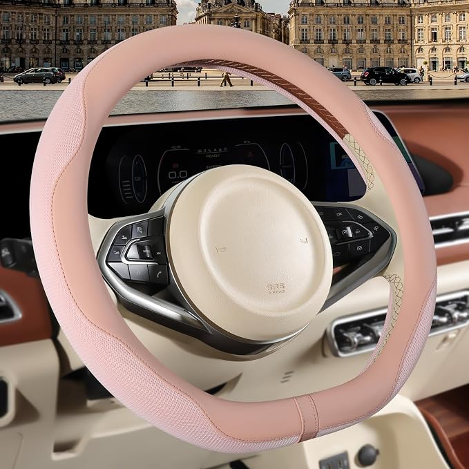 Nappa Leather Pink D Shaped Steering Wheel Cover Women 15 inch | Non-Slip Breathable Microfiber Leather Ice Silk Fabric, Warm in Winter and Cool in Summer Universal 14.5 inch to 15 inch