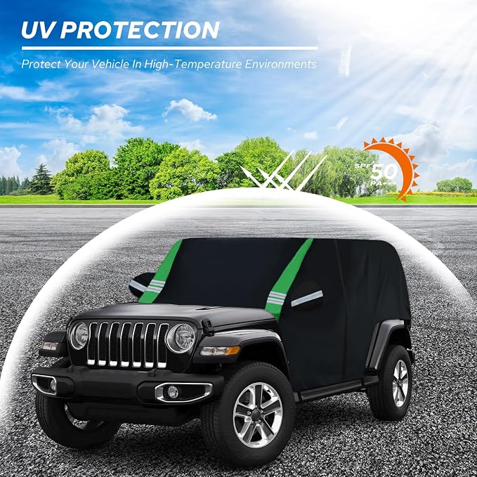 Cab Cover Compatible with Jeep Wrangler Waterproof 4 Door Custom Fits for TJ YJ CJ JK JL, Outdoor Half Exterior Soft Cotton Lining Dust Sun Rain Snow Hail Protection with Trunk Zipper