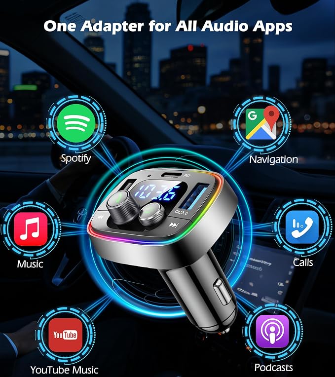LIHAN Bluetooth Car Adapter 5.4, FM Transmitter, 48W PD/QC Charger | Enjoy Bluetooth music, GPS navigation and hands-free calling while charging devices with powerful 48W PD/QC fast charging
