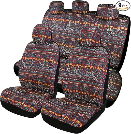 Baja Saddle Blanket Car Seat Covers 9PCS Full Set, Breathable and Washable Striped Woven Automotive Vehicle Seat Cover, Universal Boho Seat Cover for Sedan, SUV, Truck, Airbag Compatible
