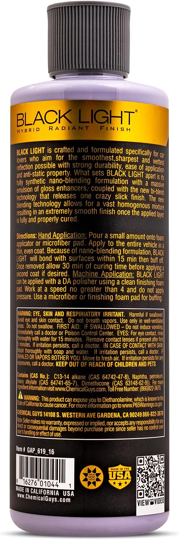 Chemical Guys, Black Light Hybrid Glaze & Sealant for Dark Colors, 16 oz | Glaze and sealant in one smooths minor marks and deepens gloss on black and dark paint, by hand or machine
