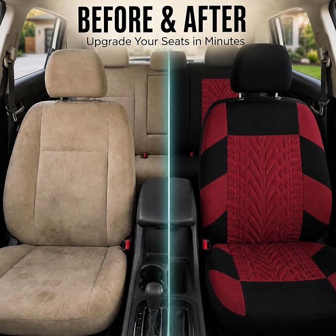 FH Group Full Set Travel Master Car Seat Covers, Airbag and Split Rear Car Seat Cover Universal Fit Interior Accessories for Cars Trucks SUV, Automotive Seat Covers, Burgundy