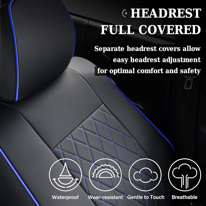 Coverado Tacoma Seat Covers Full Set, Faux Leather Seat Covers Custom Fit for 2016-2023 Toyota Tacoma Double/Crew Cab Base Prerunner SR5 Limited TRD Sport Interior Covers (Blue Line)