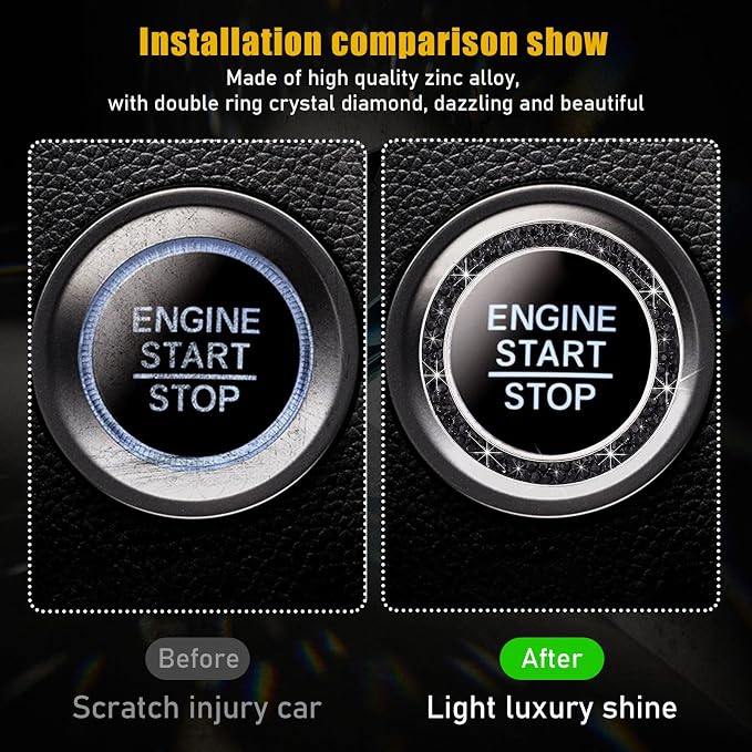 Kewucn Bling Crystal Double Rhinestone Car Engine Start Decoration Ring, Sparkling Push Start Button Sticker, Key Ignition & Knob Ring Decoration, Bling Car Interior Accessory (Black)