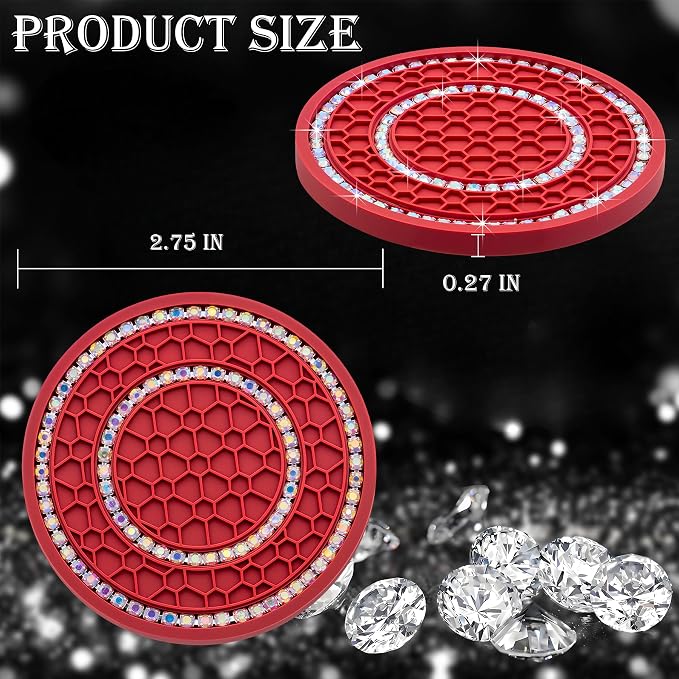 4PCS Bling Crystal Rhinestone Cup Holder Coaster, 2.75 inch Soft Silicone Anti-Slip Shockproof, Car Cup Holder Insert Coasters, Universal Car Interior Accessories for Women (Red & Colorful)