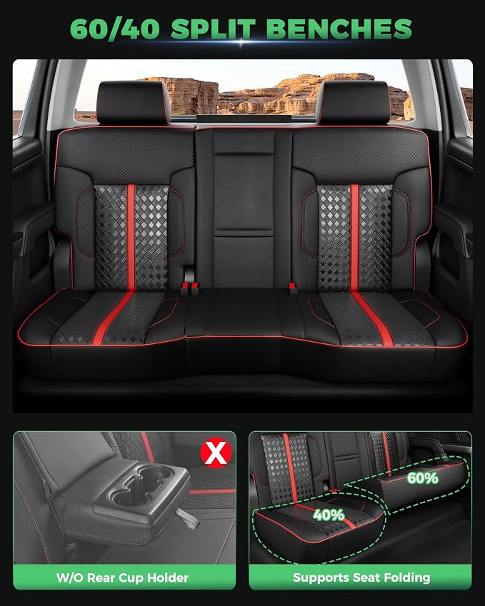 for Chevy Silverado & GMC Sierra Leather Seat Covers Crew Cab 1500 2014-2018, 2500HD 3500HD 2015-2019, Custom Seat Cover Full Set, Pickup Protectors Accessories, Black Red(W/O Rear Cupholder)