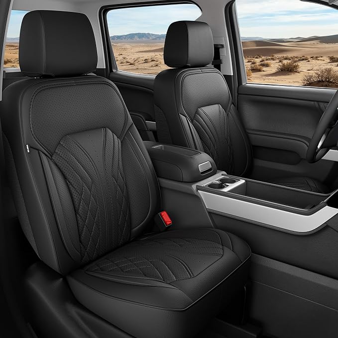 Truck Leather Seat Covers for Chevy Silverado Gmc Sierra 2014-2019 | Crew Cab 1500/2500/3500HD, Bucket Seat, NO Rear Seatback Storage, Scratch-resistant, Easy-clean, Pickup Protector, Full Set