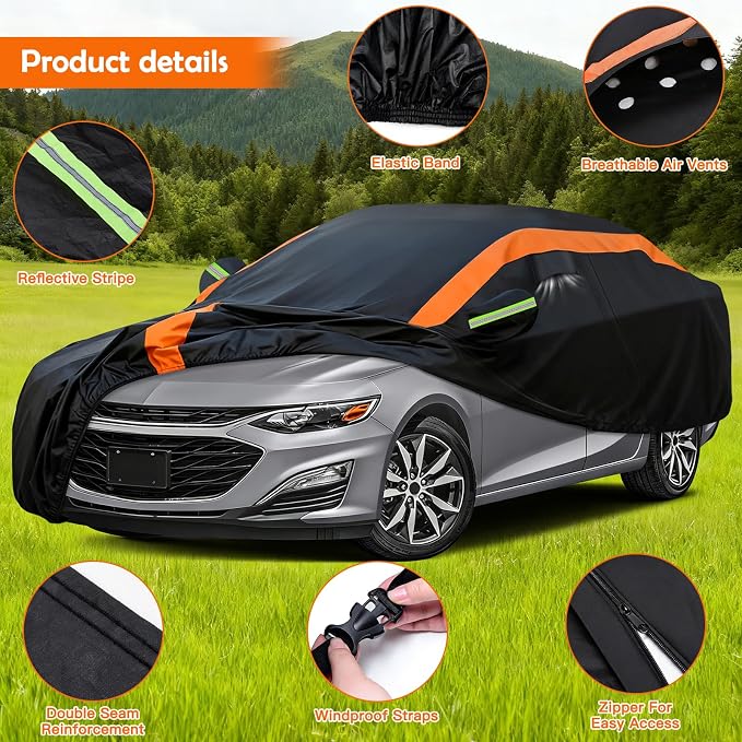 Universal Fit Car Cover for Coupe Length 194-202in, Waterproof Automobiles Cover All Weather Compatible with Pontiac Firebird/Trans Am, Chevy Malibu, Dodge Charger, Hyundai Genesis