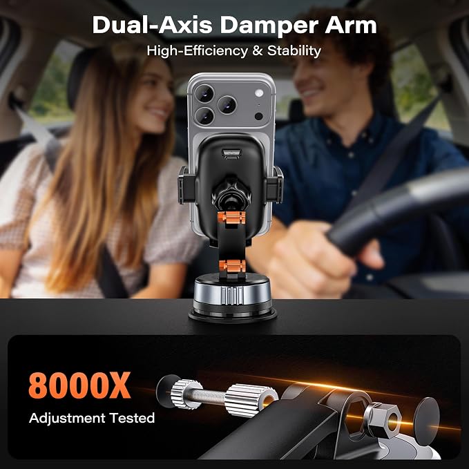 APPS2Car Car Phone Mount for Dashboard & Windshield, Strong Suction Cup Cell Phone Holder with One-Touch Release, 360°Rotation & Dual-Axis Arm, Hands-Free Car Phone Holder for iPhone, Samsung & More