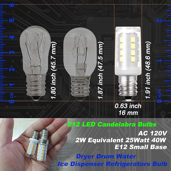 WE05X20431 WP22002263 Dryer Drum Light Bulb 2W White 6000K E12 Base, 4 Pack | Replace 10W 25W 40W, AC120V, 300lm, T6 Candelabra Base for G-E & Hot-point Dryer WE4M305 WP3395618 Water Dispenser Light Bulb