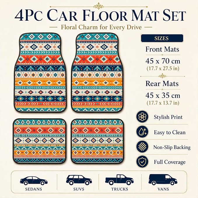 Stripe Car Floor Mats Set of 4 Southwest Tribal Geometric Car Accessories Foot Mats Rugs, Non-Slip,Decor for Universal Fit for Suvs Sedans Trucks Cars Auto Floor Carpets Rugs All-Weather