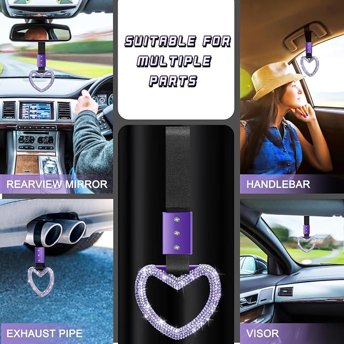 Fabbay Bling Car Accessories Bling Heart Handle Ring Car Accessory for Women Hearts Strap Drift Charm Rear Bumper Warning Ring Decoration for Auto Bus Interior Exterior (Light Purple,Heart Style)