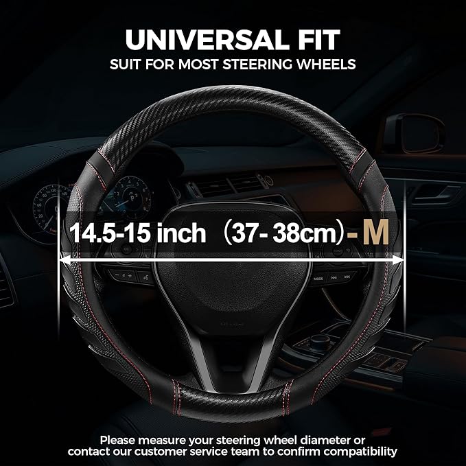 West Llama Carbon Fiber Leather Steering Wheel Cover with Anti-Slip Grip, 3D Textured Design, 14.5-15 Inch Car Steering Wheel Cover, Durable Interior Accessory（Standard Size-Black+Red