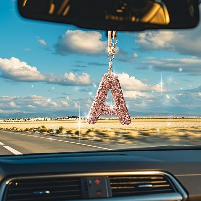 Bling Car Accessories for Women Letter Charm, Rainbow Crystal Rearview Mirror Pendant, Cute Diamond Rhinestone Car Decor, Lucky Gift for Women(A, Champagne Gold)