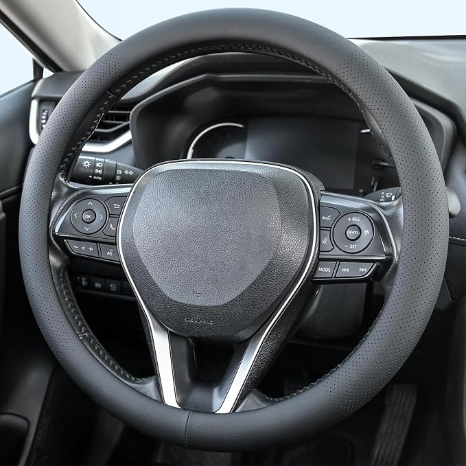 Uxcer Nappa Leather Steering Wheel Cover, Universal 14.5–15 Inch Non-Slip Breathable Steering Wheel Cover for Cars, Black