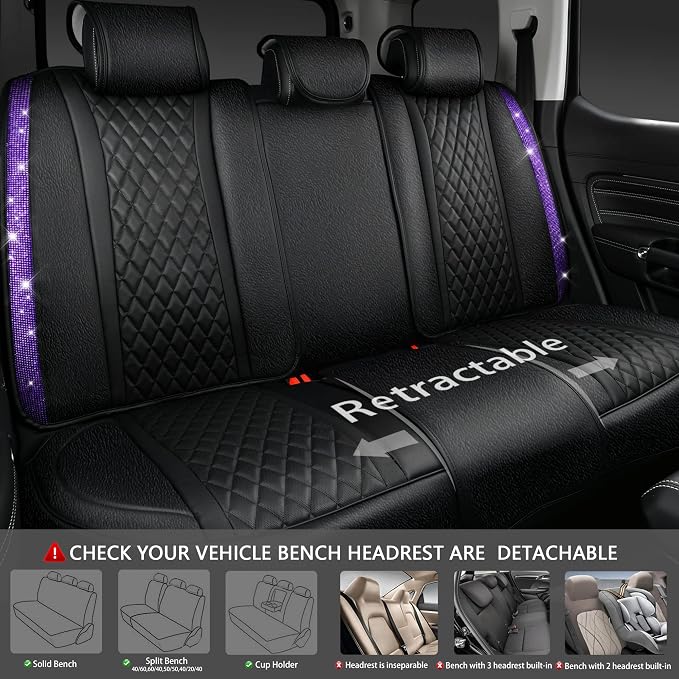 CAR PASS Bling Nappa Leather Car Seat Cover for Full Set Universal Luxury Waterproof Heavy-Duty Anti-Slip Cushioned Fit for SUV Sedan, Sparkly Glitter Shining Diamond Violet Crystal Purple Rhinestones