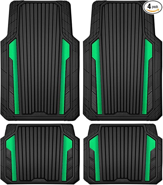 CAR PASS Heavy Duty Rubber Car Mats Metallic,Aluminum Film All Weather Floor Mats Waterproof Universal Trim to Fit SUVs Sedans Vans 4 Piece Anodized Deep Dish Two-Tone Sporty Black Green Chrome