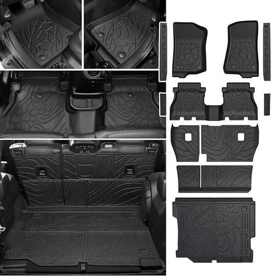 Floor Mats Set for Jeep Wrangler JL 2018-2025 2026 Unlimited 4-Door (Not fit JK/4XE/2-Door), All Weather TPE Backrest Mat Trunk Mat Cargo Liner Door Sill Guards Accessories