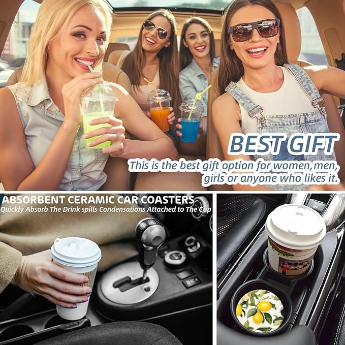 Cup Holder for Car,Lemons and White Flowers Ceramic Coasters Non-Slip Cup Holder Insert with Fingertip Grip, Auto Interior Accessories for Women & Men,Pack of 2, 2.56In