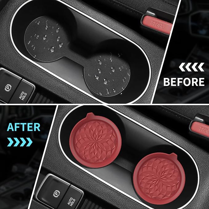 ME.FAN Car Cup Coasters [4 Pack] Silicone Car Coasters/Automotive Cup Mats - Universal Non-Slip Recessed Car Interior Accessories - Car Cup Holder Insert Coasters Wine Red