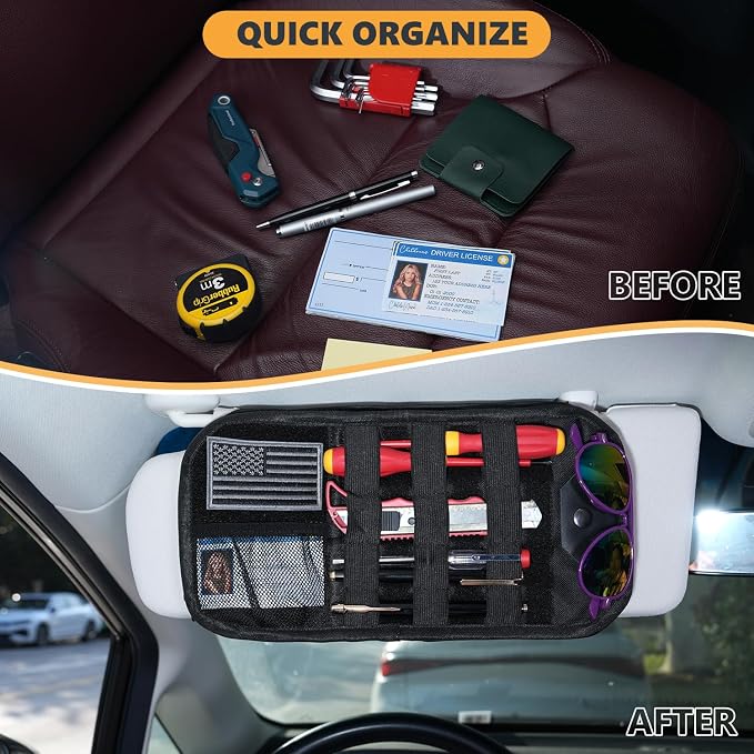 GNEGNI Tactical Car Sun Visor Organizer - Rigid MOLLE Panel Vehicle Storage Pouch with 3 Straps - Car Interior Document and Tool Holder for Truck, SUV, Jeep (13" x 7") (Black)