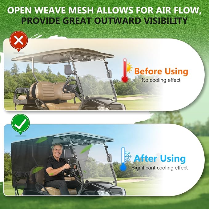 600D Golf Cart Sunshade for Club Car DS, Mesh Sun Enclosure for UV Protection, Heat & Wind Blocker, Cool Mesh