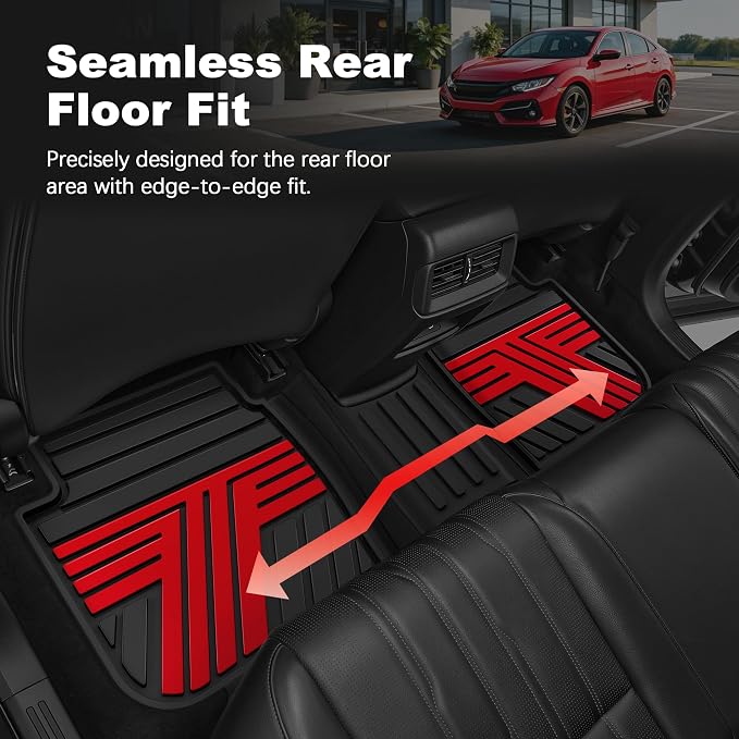 Rubber Floor Mats for Honda Civic Sedan 2016-2021 | All Weather Heavy Duty Car Mats Also Fit for Hatchback 2017-2021 & Coupe 2016-2020, 1st & 2nd Row, Black & Red
