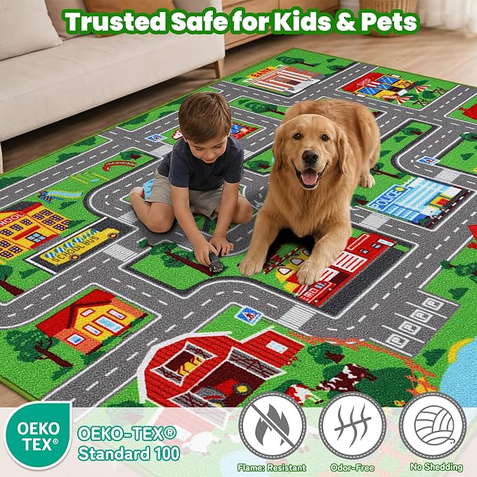 Kids Carpet Playmat Rug 118"x78.7", Car Rug for Kids Cars, Non-Slip Town City Road Map Kids Rugs for Playroom Bedroom Boys, Kids Cars Play Mat Track Road Rugs for Kid (118X78.7Inch,Green)