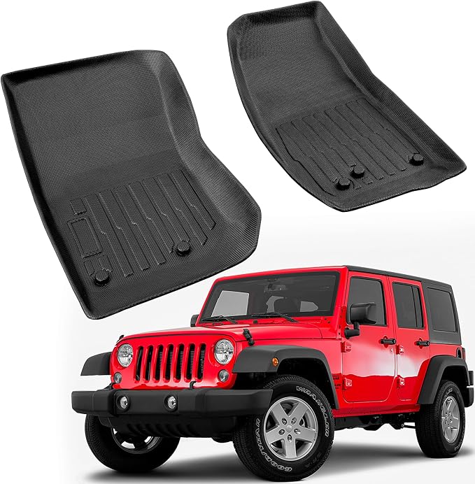 Car Floor Mats for Jeep Wrangler: 2007-2018 JK 2-Door & JKU 4-Door, All Weather Rubber Car Accessories Front Row Liners, for Wrangler 2007 2008 2009 2010 2011 2012 2013 2014 2015 2016 2017 2018 Black