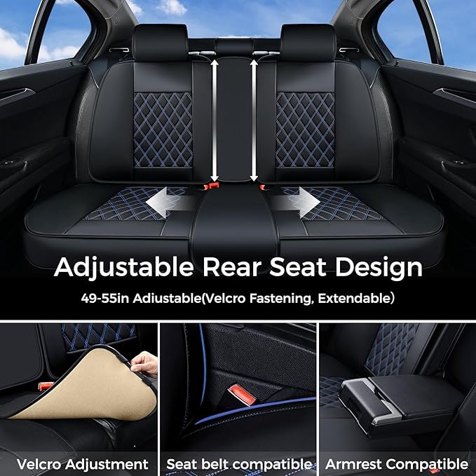 Huidasource Seat Covers Full Set, Seat Covers Nappa Leather Universal Fit for Most Cars, Vans, Trucks, SUVs, Compatible with Airbags, Blue Car Seat Covers Velcro Adjustable (Full Set/Black&Blue)