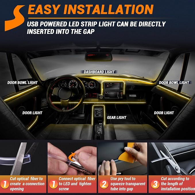 Interior Car LED Strip Lights 470 inches Fiber Optic tubing USB Powered RGB 10 in 1 Car Neon with Wireless APP and Remote Control, Ambient Lighting Kits 16 Million Colors,Sync to Music