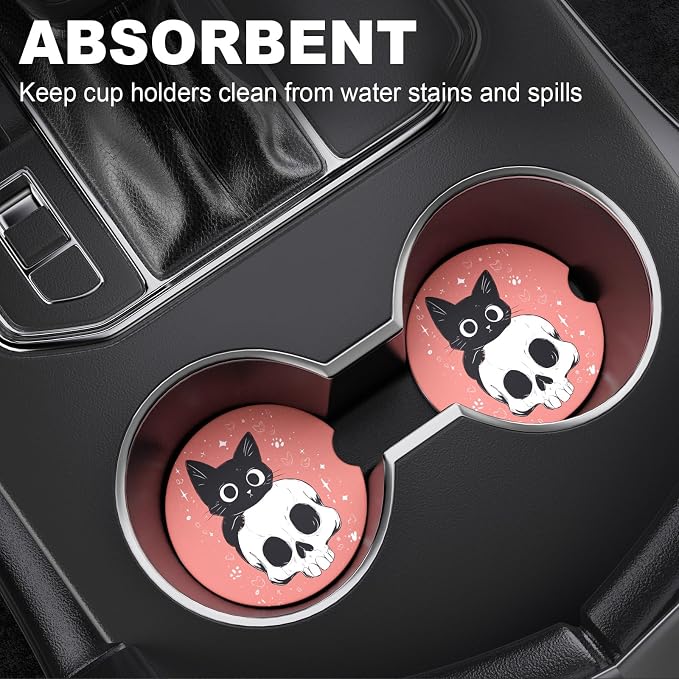 2 Pack Car Cup Holder Coaster, 2.63 inch Anti Slip Insert Absorbent Ceramic Car Coaster with Cork Base and Finger Notch, Cute Car Accessories Interior for Women, Cute Car Coasters.