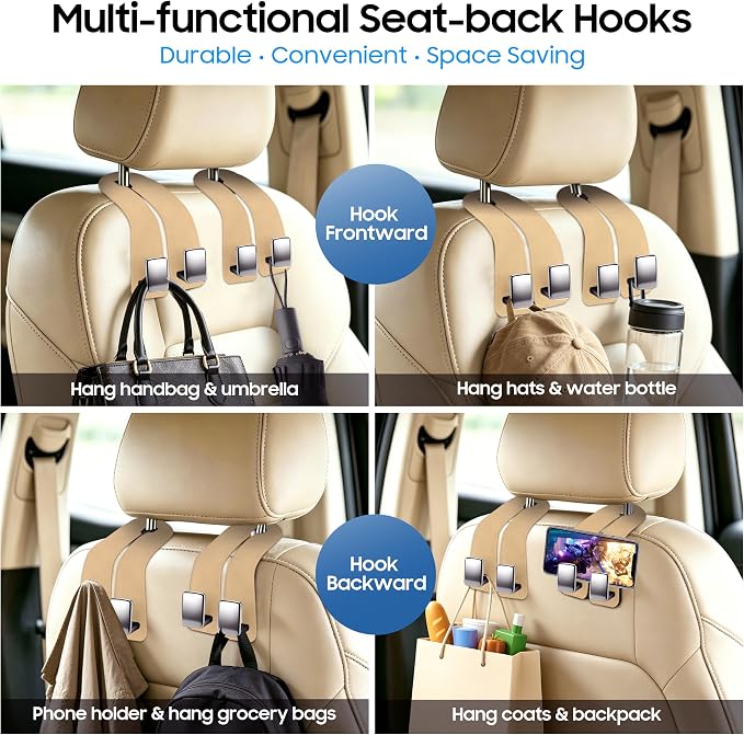 Amooca Car Headrest Hooks, Premium Suede with Metal Car Seat Back Storage Hooks for Handbag Coats Umbrella Backpack - 2 Pack, Beige