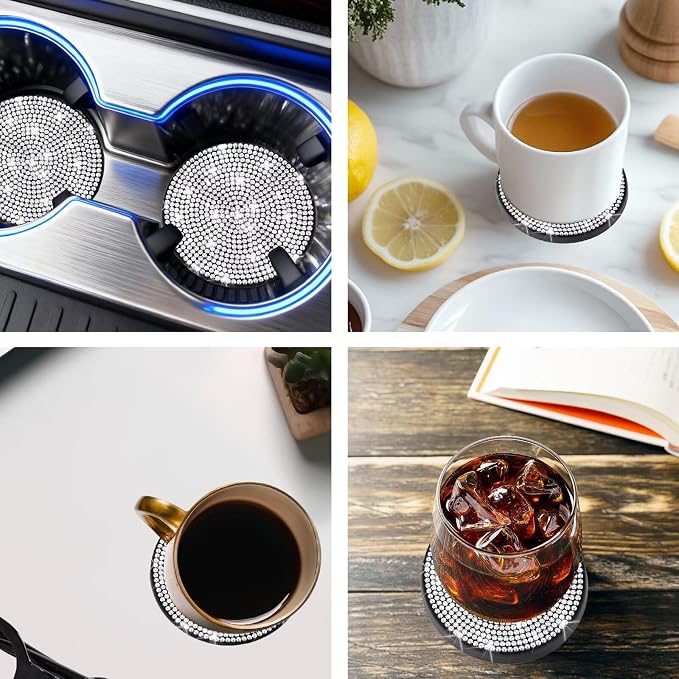 BFXM 4 PCS Bling Cup Holder Coaster, 2.75 inch Diamond Universal Non-Slip Silicone Cup Holder Coasters, Sparkly Bling Car Accessories for Women (White)