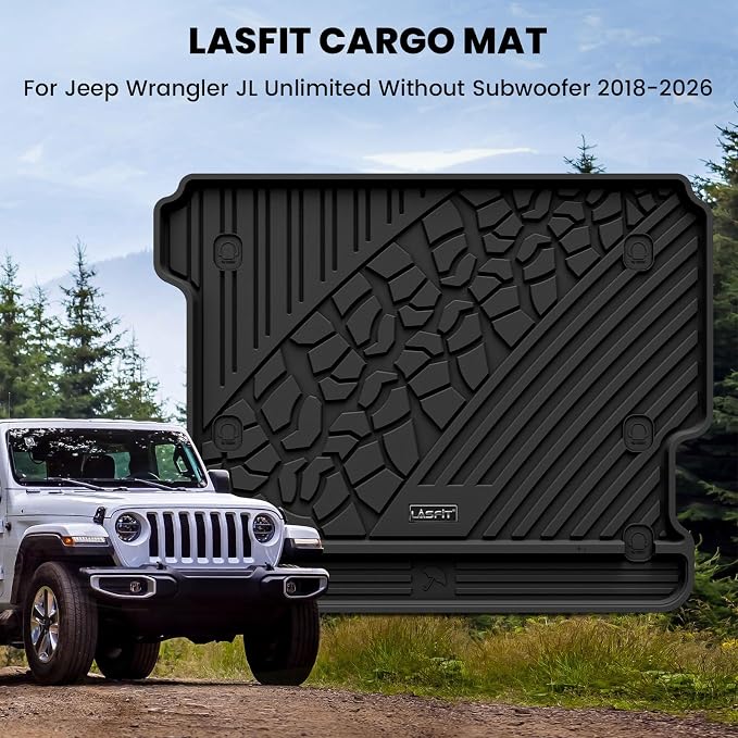 LASFIT Cargo Mat for Jeep Wrangler JL 2018-2026 4 Doors Without SUBWOOFER | Not for JK/Not PHEV/Not 2-Door, All Weather, TPE, Custom Fit, Trunk Mat, for Flat Load Floor, Gas Type, Black