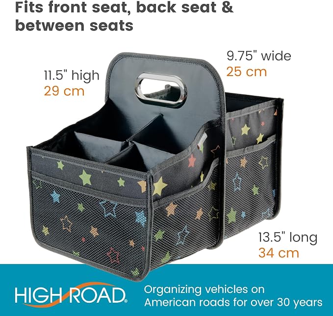 High Road Car Seat Caddy Organizer with Cup Holders - Middle Seat Car Organizer for Kids or Passenger Seat Organizer for Drivers - Portable Car Storage Bin with Easy Carry Handle (Starry Night)