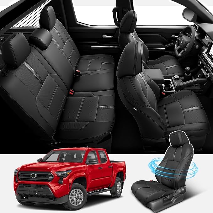 DiffCar® for Toyota Tacoma Seat Covers 2024 2025 2026(Gas Only), Full Set Faux Nappa Leather Truck Accessories for Tacoma Double Cab 4th Gen, Car Pickup Seat Protector Custom Fit Front Rear Seat,Black