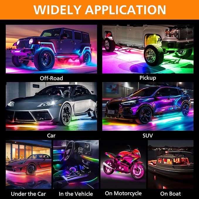 Underglow LED Light Kit 252 RGBI DIY Neon Strip for Car Truck | Underbody Exterior Accent Lighting with 16 Million Colors Music Sync Mode, for RV, SUV, Boat, Vans, 12V DC, IP65 Waterproof