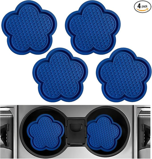 DXNQ 4 PCS Car Cup Coasters, Cute Flower Shaped Car Cup Holder Mat, PVC Waterproof Anti Slip Vehicle Cup Holder Insert Coaster, Universal Car Interior Decor Accessories (Blue)
